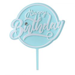Топпер пластиковый с алмазом (голубой с белой надписью) «Happy Birthday»