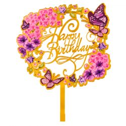 Топпер с цветами «Happy Birthday» фиолетовые бабочки