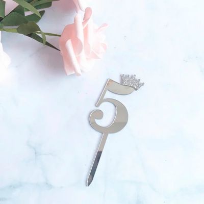 Топпер акриловый "Цифра 5" 6.2см серебряный