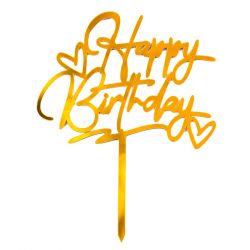Топпер "Happy Birthday" золотой с сердечками