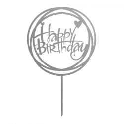 Топпер акриловый "Happy Birthday" круг, серебрянный, 10,5 см