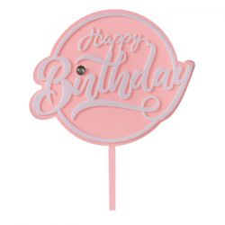 Топпер пластиковый с алмазом (розовый с белой надписью) «Happy Birthday»