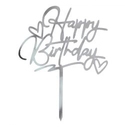 Топпер "Happy Birthday" серебряный с сердечками